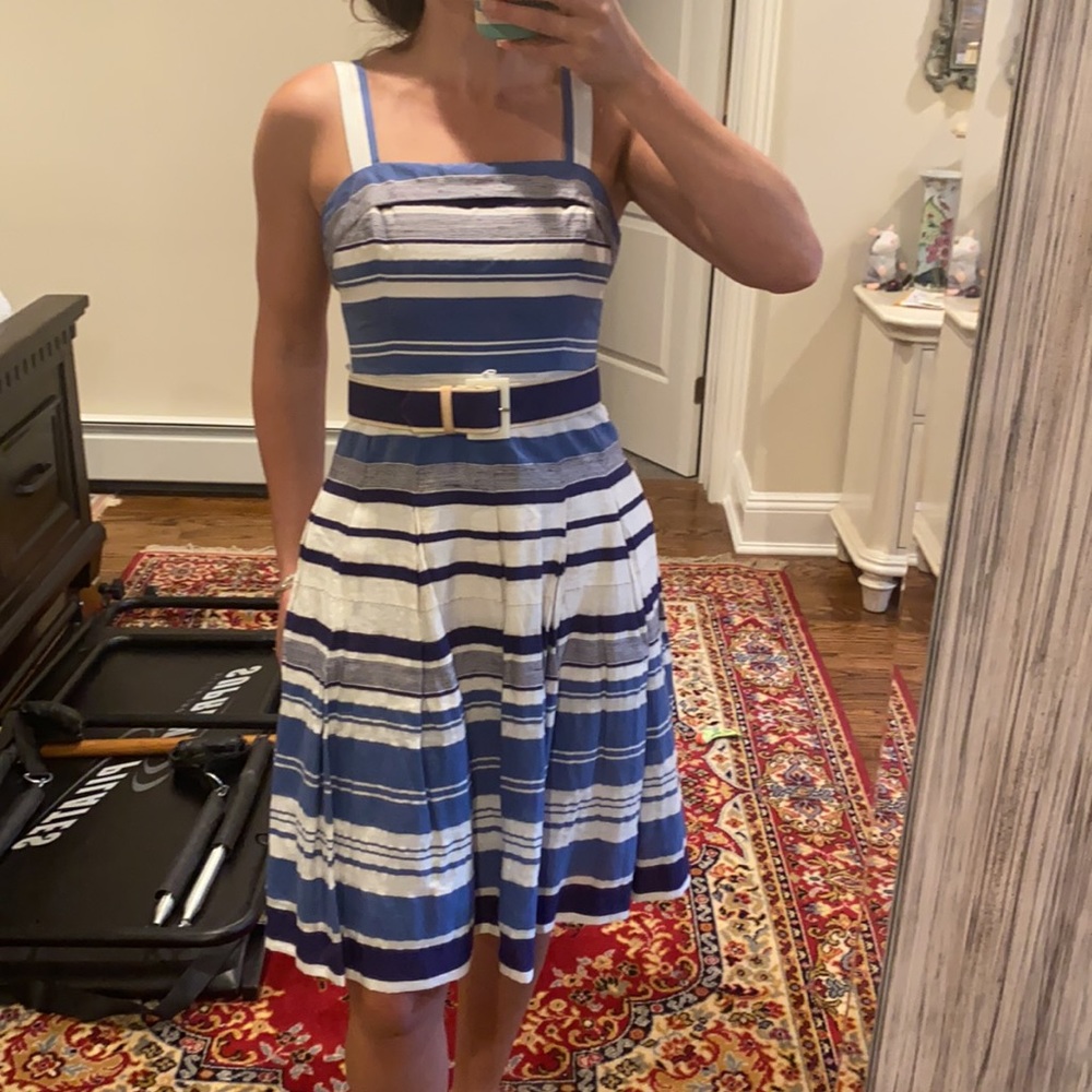 ANNE KLEIN Vintage Style Blue/White Nautical Striped Belted Day Dress size 2